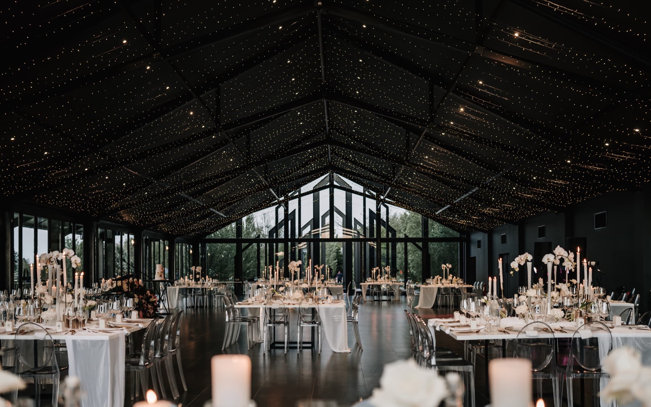 The reception hall dressed for the evening